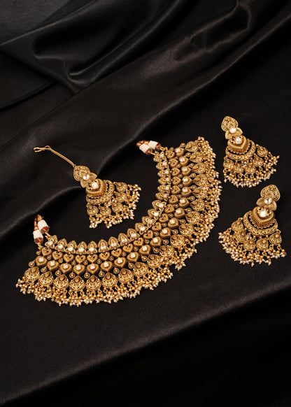 Premium Gold Plated  Kundan Bridal Choker Necklace Set/ Traditional Jewelry/ Indian Jewelry/ Wedding Necklace/ Antique Jewelry/ Maang Tikka