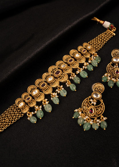 Premium Antique Gold Choker Necklace set/ Kundan Bridal Jewelry Set/ Indian Wedding Necklace/ Statement Choker/ Traditional Jewelry