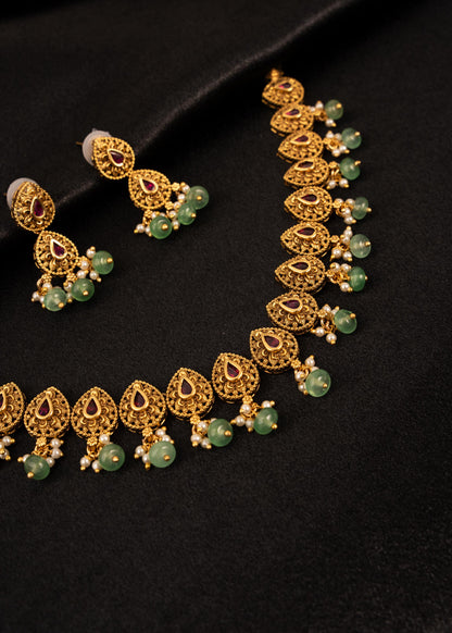Premium Temple Jewelry Necklace Set/ Gold Plated Jewelry/ Antique Gold Necklace Set/ Statement Jewelry/ Indian Bridal Jewelry/ Green Bead
