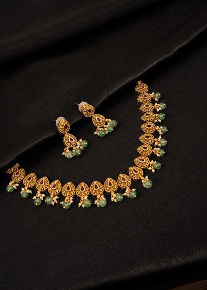 Premium Temple Jewelry Necklace Set/ Gold Plated Jewelry/ Antique Gold Necklace Set/ Statement Jewelry/ Indian Bridal Jewelry/ Green Bead