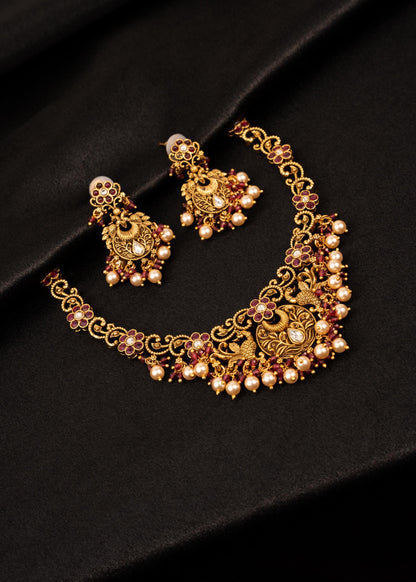 Traditional Antique Gold Choker Necklace Set/ Indian Jewelry/ Gold Plated Pearl Necklace Set/ Ethnic Wedding Jewelry/ Temple Jewelry/ Ruby