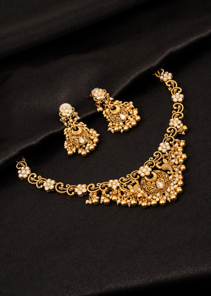 Traditional Antique Gold Choker Necklace Set/ Indian Jewelry/ Gold Plated Pearl Necklace Set/ Ethnic Wedding Jewelry/ Temple Jewelry/ Ruby