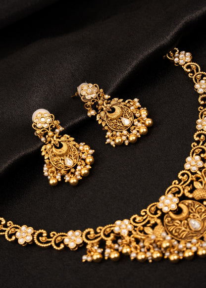 Traditional Antique Gold Choker Necklace Set/ Indian Jewelry/ Gold Plated Pearl Necklace Set/ Ethnic Wedding Jewelry/ Temple Jewelry/ Ruby