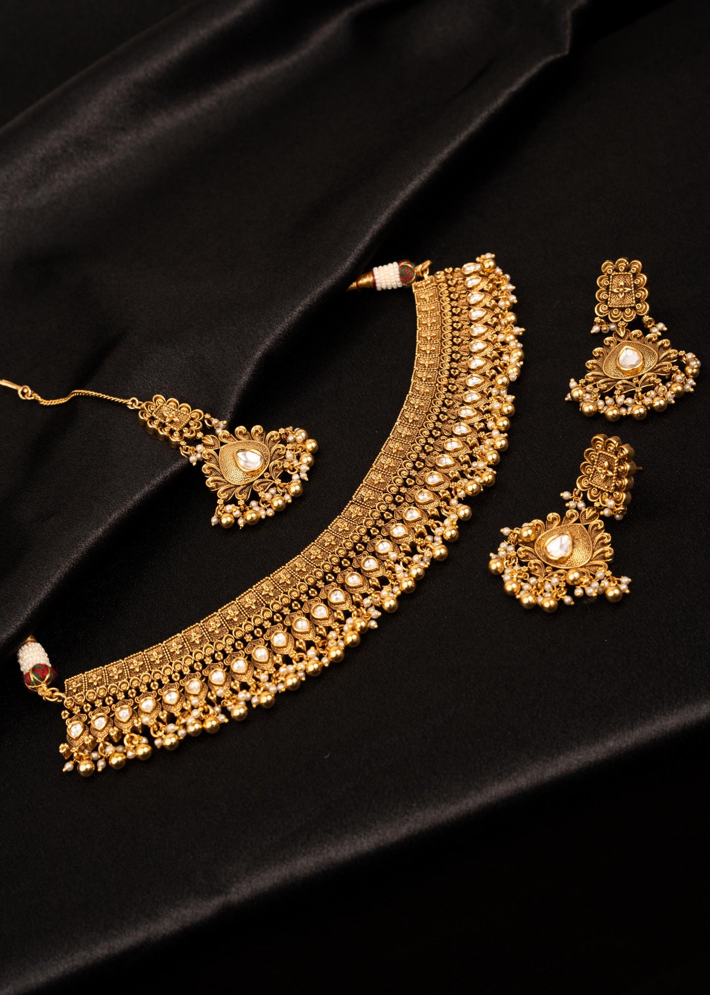 Antique Gold Plated Necklace Set/ Kundan Bridal jewelry/ Wedding Necklace with Earrings & Maang Tikka/ Traditional Jewelry/ Ethnic Jewelry