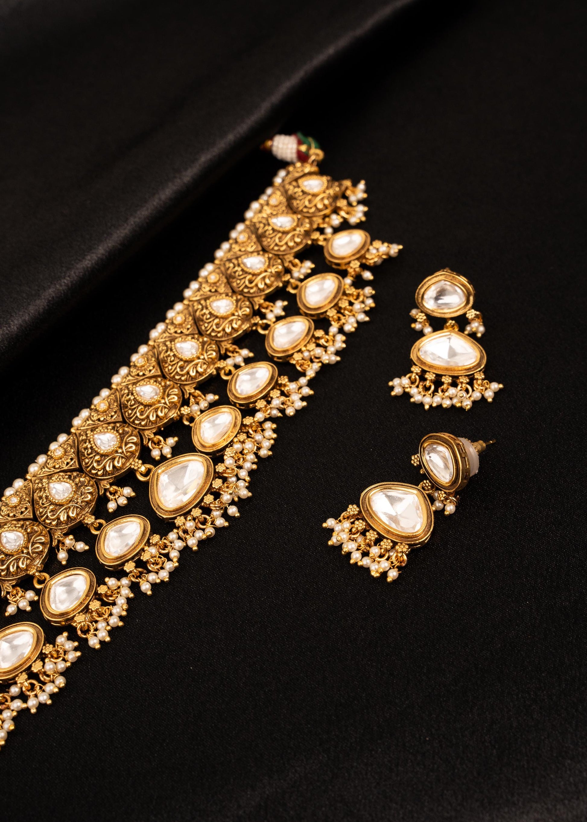 Antique Gold Plated Kundan Necklace Set/ Pearl Drop Erarings/ Bridal Wedding Jewelry Set/ Indian Jewelry/ Traditional Jewelry