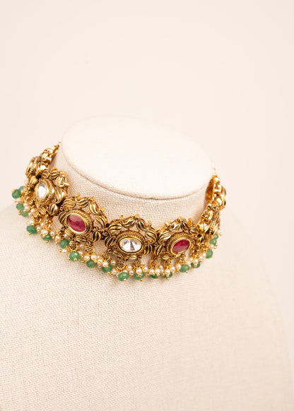 High Quality Antique Gold  Plated Kundan Choker Necklace Set/ Indian Jewelry/  Traditional jewelry/ Statement Necklace/ Green Bead Jewelry