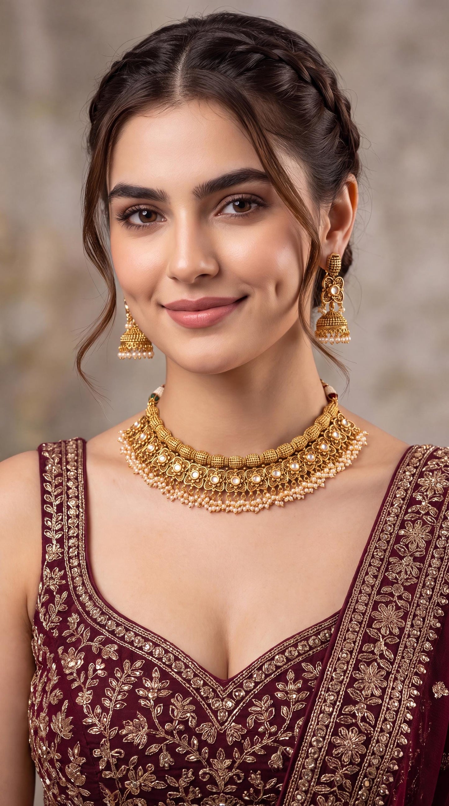 Traditional Indian Bridal Necklace Set/ Gold Plated Choker Necklace Set/ Antique Indian Wedding Jewelry Set/ South Indian Temple Choker Set