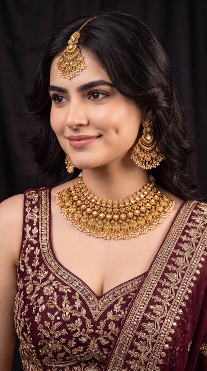 Premium Gold Plated  Kundan Bridal Choker Necklace Set/ Traditional Jewelry/ Indian Jewelry/ Wedding Necklace/ Antique Jewelry/ Maang Tikka