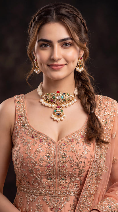 Premium Multicolor Kundan Choker Necklace Set/ Pakistani Jewelry/ Indian Jewelry/ Pearl Drop Necklace/ Festive Wear/ Wedding Jewelry/ Ruby