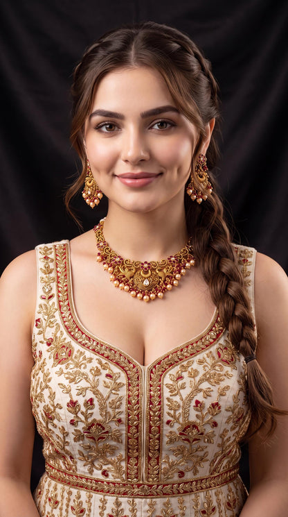 Traditional Antique Gold Choker Necklace Set/ Indian Jewelry/ Gold Plated Pearl Necklace Set/ Ethnic Wedding Jewelry/ Temple Jewelry/ Ruby