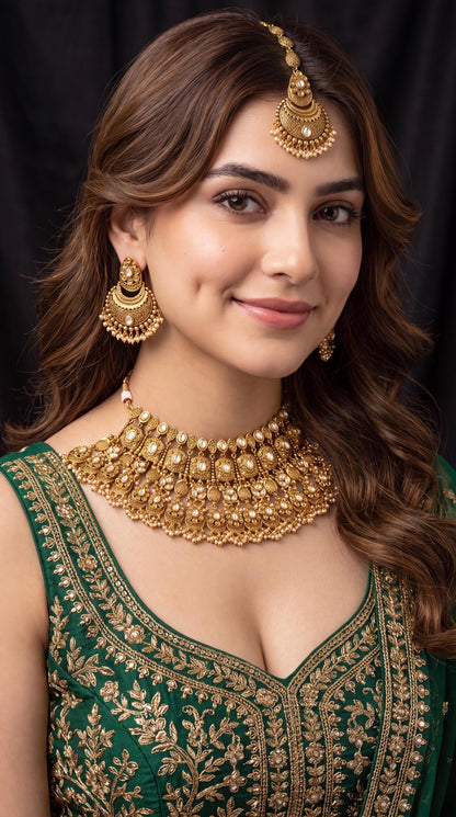 Exclusive Gold Plated Kundan Choker Necklace Set/ Indian Bridal Jewelry/ Maang Tikka/ Ethnic Kundan Choker/ Statement Necklace/