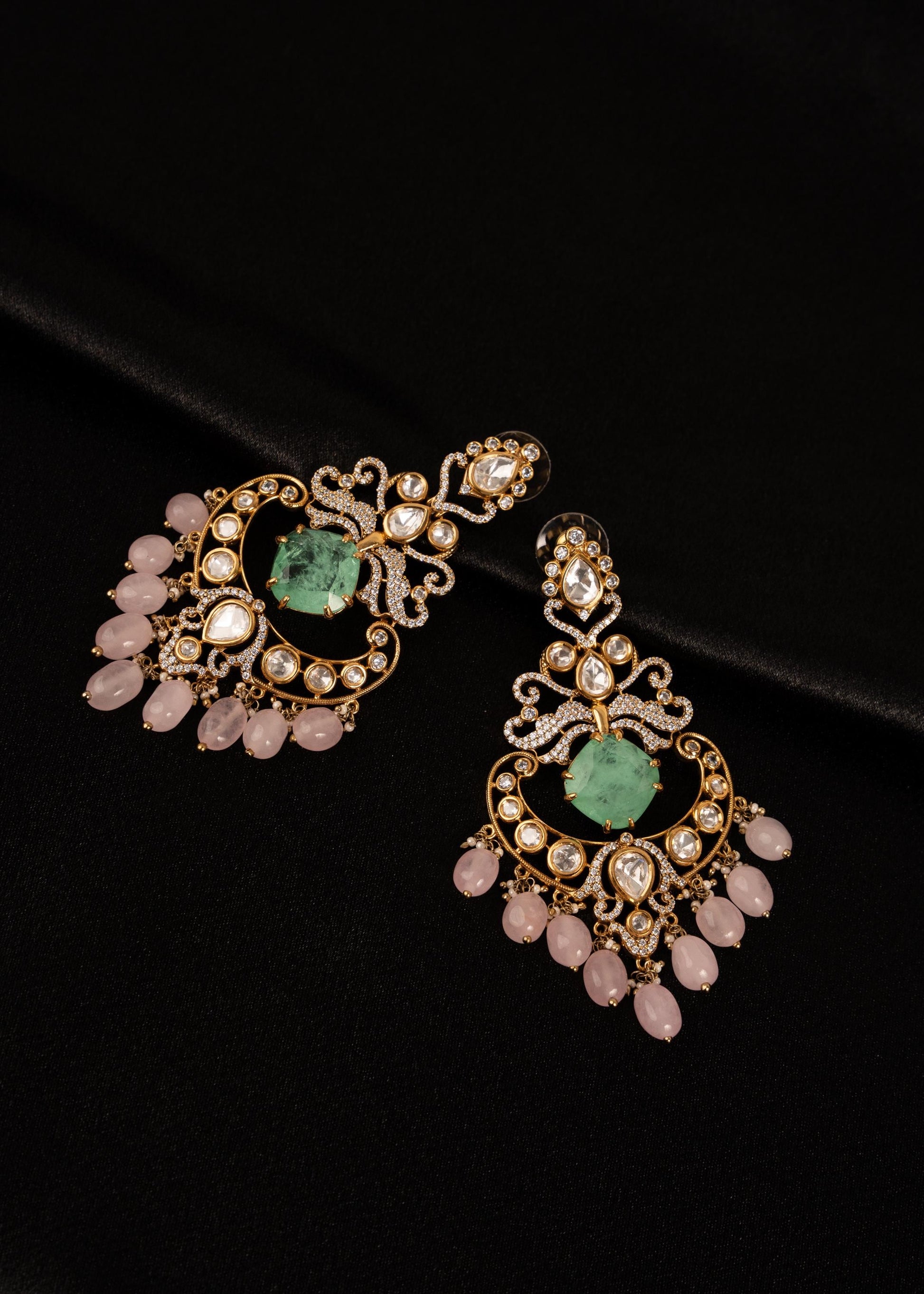 Premium Moissanite Earrings/ Indian Jewelry/ Bridal Earrings/ Wedding Statement Earrings/ Luxury Jewelry/ Green Beads/ Festive Wear/ Pink