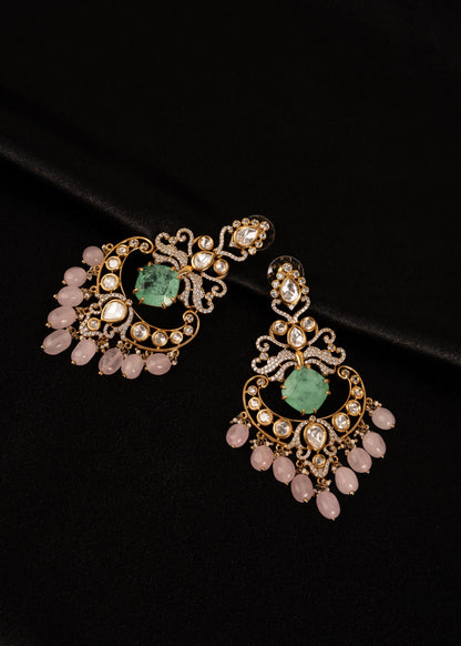 Premium Moissanite Earrings/ Indian Jewelry/ Bridal Earrings/ Wedding Statement Earrings/ Luxury Jewelry/ Green Beads/ Festive Wear/ Pink