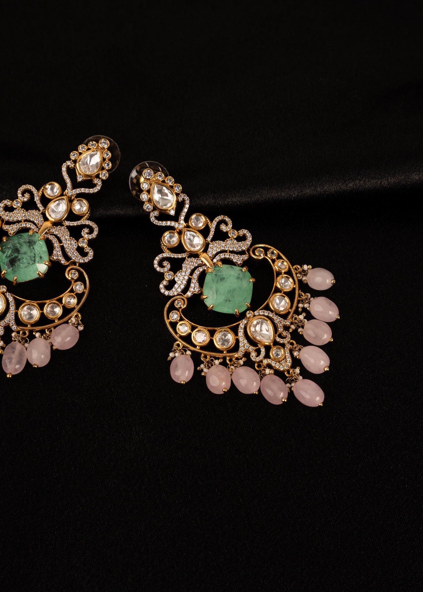 Premium Moissanite Earrings/ Indian Jewelry/ Bridal Earrings/ Wedding Statement Earrings/ Luxury Jewelry/ Green Beads/ Festive Wear/ Pink