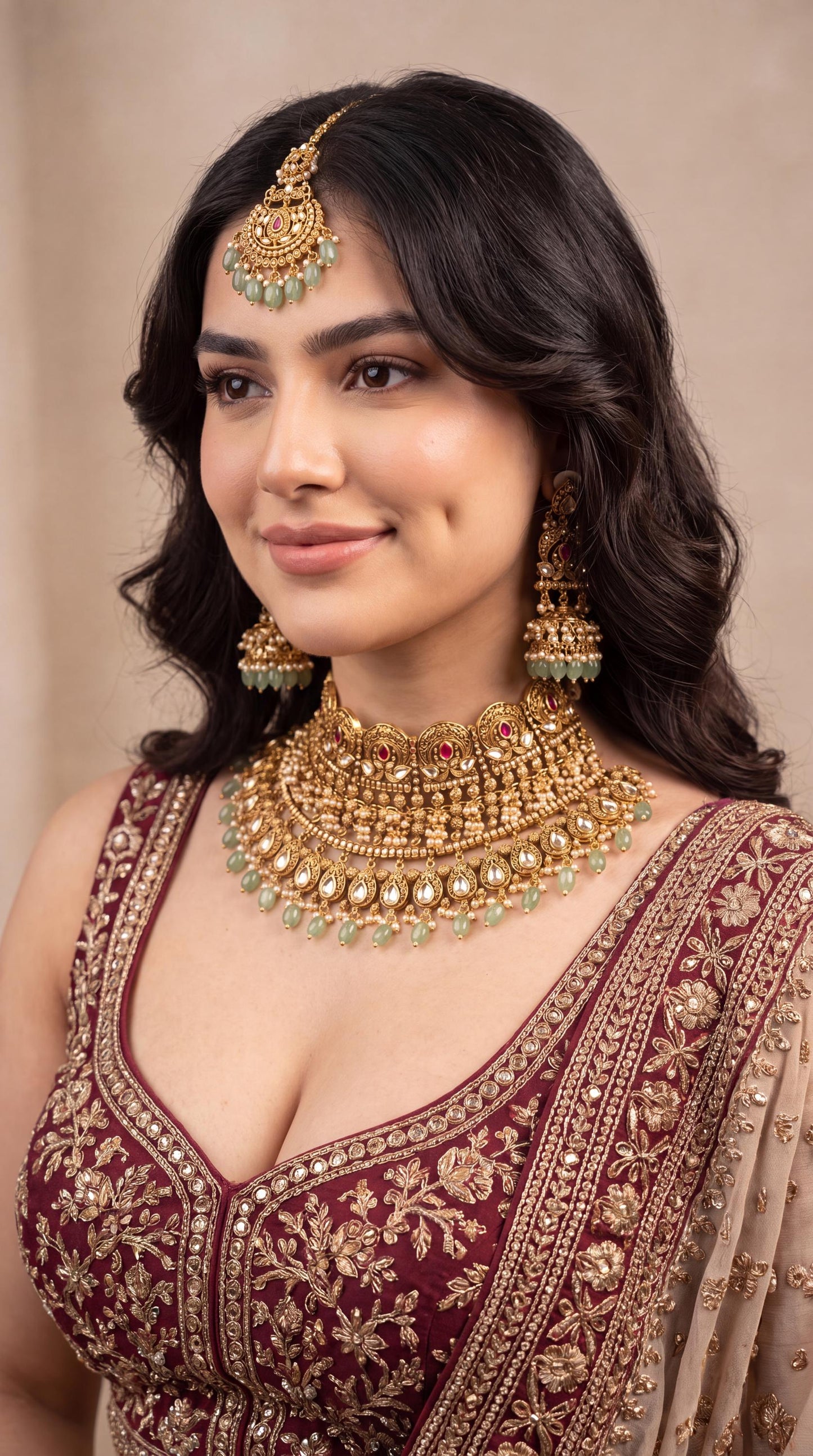 Luxury Detailed Kundan Choker Necklace Set/ Indian Bridal Jewelry/ Statement Jewelry/ Pakistani Jewelry/ Mint Green Bead Wedding Set Jhumaks