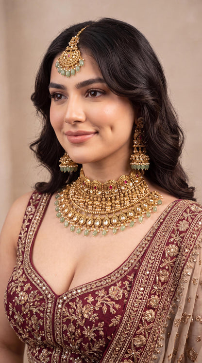 Luxury Detailed Kundan Choker Necklace Set/ Indian Bridal Jewelry/ Statement Jewelry/ Pakistani Jewelry/ Mint Green Bead Wedding Set Jhumaks