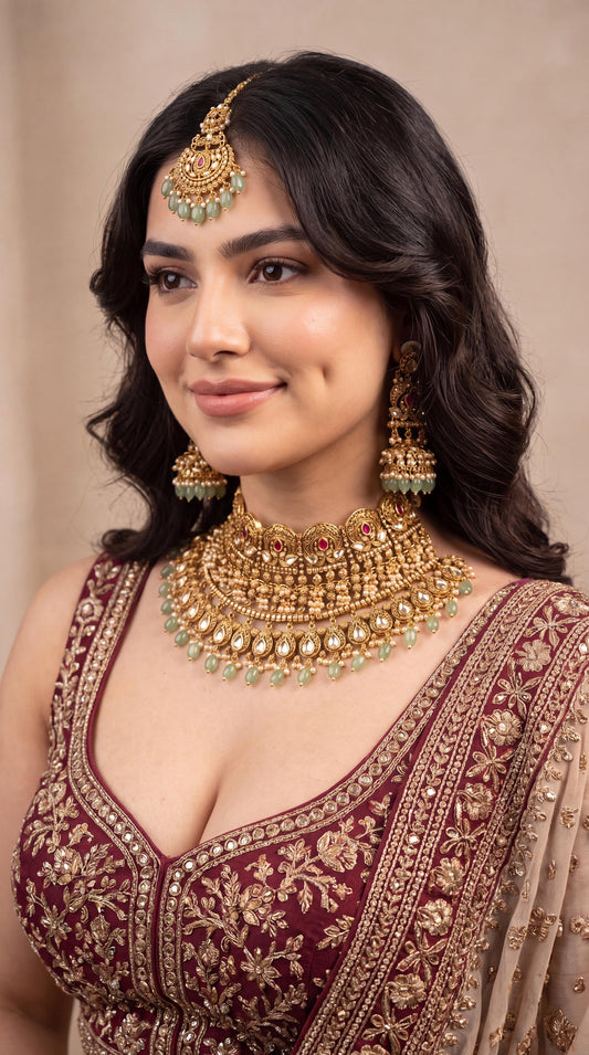 Luxury Detailed Kundan Choker Necklace Set/ Indian Bridal Jewelry/ Statement Jewelry/ Pakistani Jewelry/ Mint Green Bead Wedding Set Jhumaks