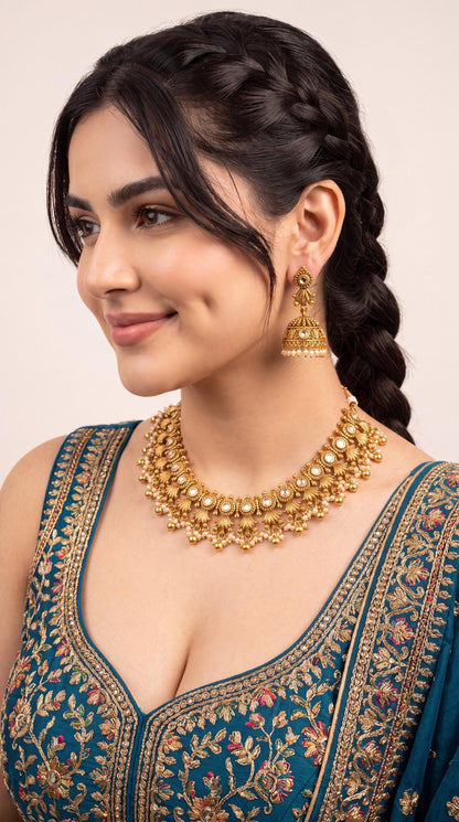 High Quality Gold Plated Choker Necklace Set/ Temple Jewelry/ South Indian Jewelry/ Traditional Jewelry/ Statement Necklace/ Kundan Jewelry