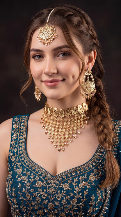 Waterfall  Pippal Patti Choker Necklace Set/ Gold Plated jewelry/ Traditional Jewelry/ Punjabi Wedding Jewelry/ Ethnic Necklace