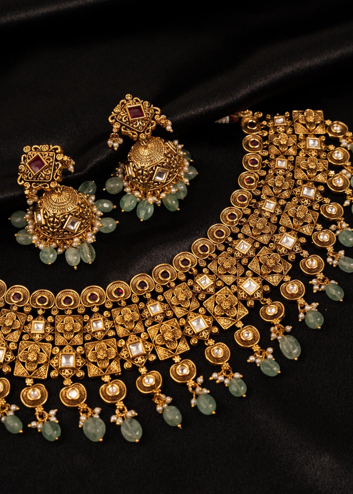 Luxury Gold Plated Green Beaded Necklace Set/ Traditional Statement Jewelry/ Ethnic Jewelry/ Indian Jewelry/ Wedding Jewelry/ Festive Wear