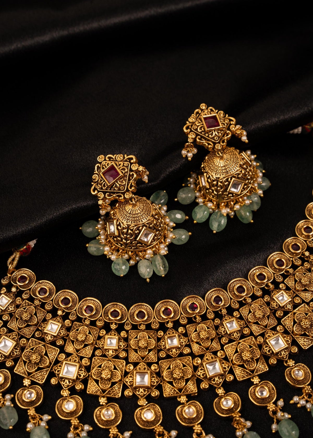 Luxury Gold Plated Green Beaded Necklace Set/ Traditional Statement Jewelry/ Ethnic Jewelry/ Indian Jewelry/ Wedding Jewelry/ Festive Wear