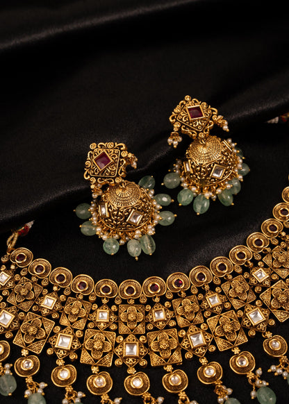 Luxury Gold Plated Green Beaded Necklace Set/ Traditional Statement Jewelry/ Ethnic Jewelry/ Indian Jewelry/ Wedding Jewelry/ Festive Wear