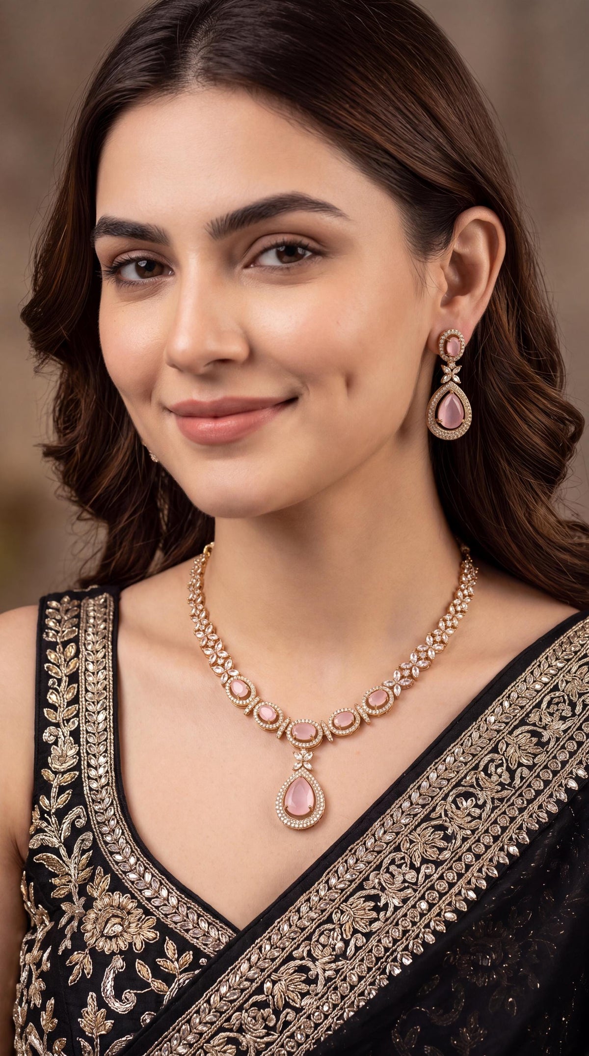 American Diamond Choker Necklace Set/ CZ Bridal Jewelry/ Statement Necklace/ Wedding Necklace/ Reception Wear/ Party Wear Necklace/ Pink