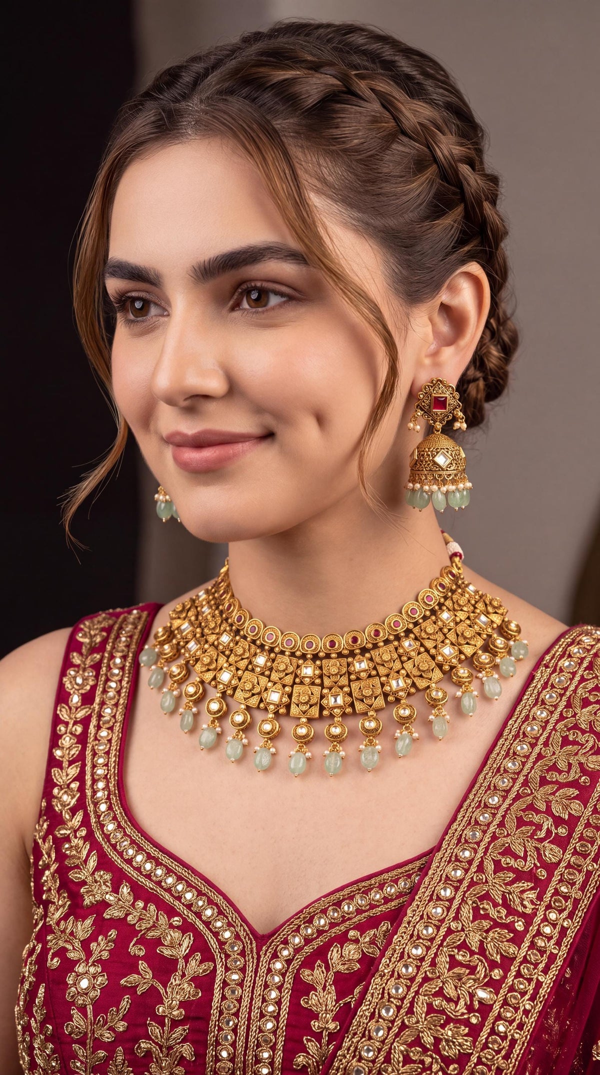 Luxury Gold Plated Green Beaded Necklace Set/ Traditional Statement Jewelry/ Ethnic Jewelry/ Indian Jewelry/ Wedding Jewelry/ Festive Wear