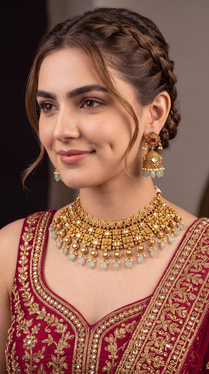 Luxury Gold Plated Green Beaded Necklace Set/ Traditional Statement Jewelry/ Ethnic Jewelry/ Indian Jewelry/ Wedding Jewelry/ Festive Wear