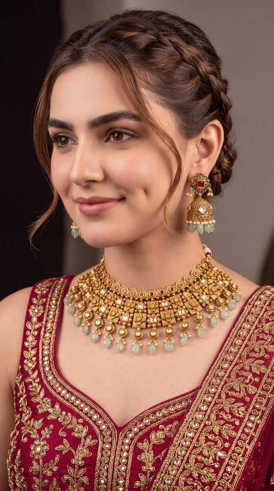 Luxury Gold Plated Green Beaded Necklace Set/ Traditional Statement Jewelry/ Ethnic Jewelry/ Indian Jewelry/ Wedding Jewelry/ Festive Wear