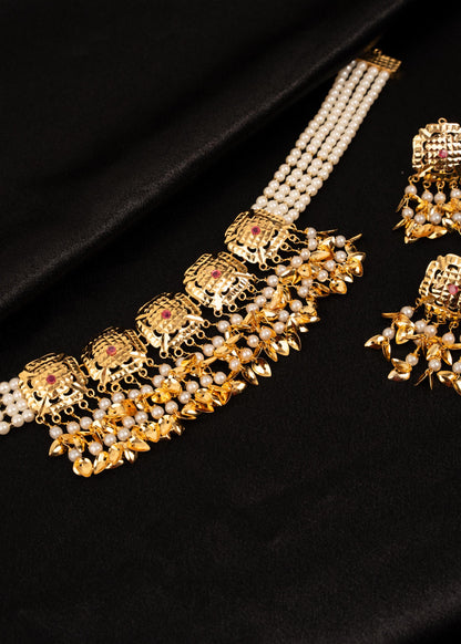 Heritage Pippal Patti Choker Necklace Set/ Traditional Jadau Jewelry/ Gold Plated Necklace Set/ Punjabi Jaggo Jewelry/ Golden Finish Jewelry