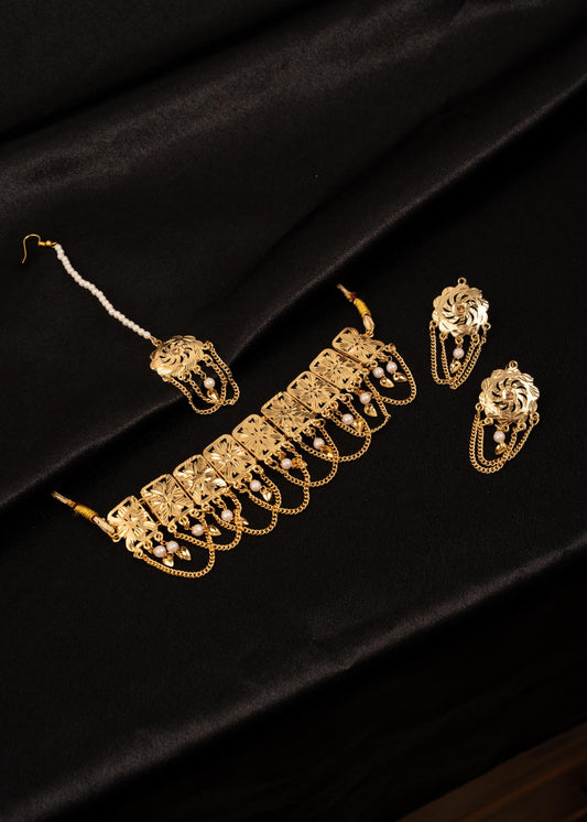 Traditional Pippal Patti Necklace Set/ Gold Tone Leave Necklace/ Indian Bridal Necklace/ Punjabi Gold Jewelry/ Desi Statement Necklace