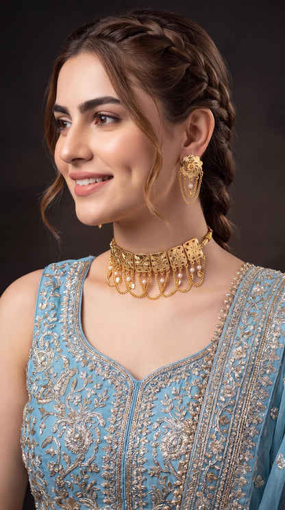 Traditional Pippal Patti Necklace Set/ Gold Tone Leave Necklace/ Indian Bridal Necklace/ Punjabi Gold Jewelry/ Desi Statement Necklace