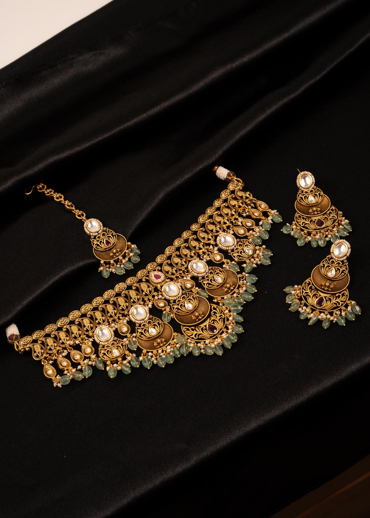 High Quality Gold Plated Bridal Necklace Set/ Green Beaded Jewelry/ Indian Wedding Necklace/ Antique Gold Jewelry/ South Indian Jewelry