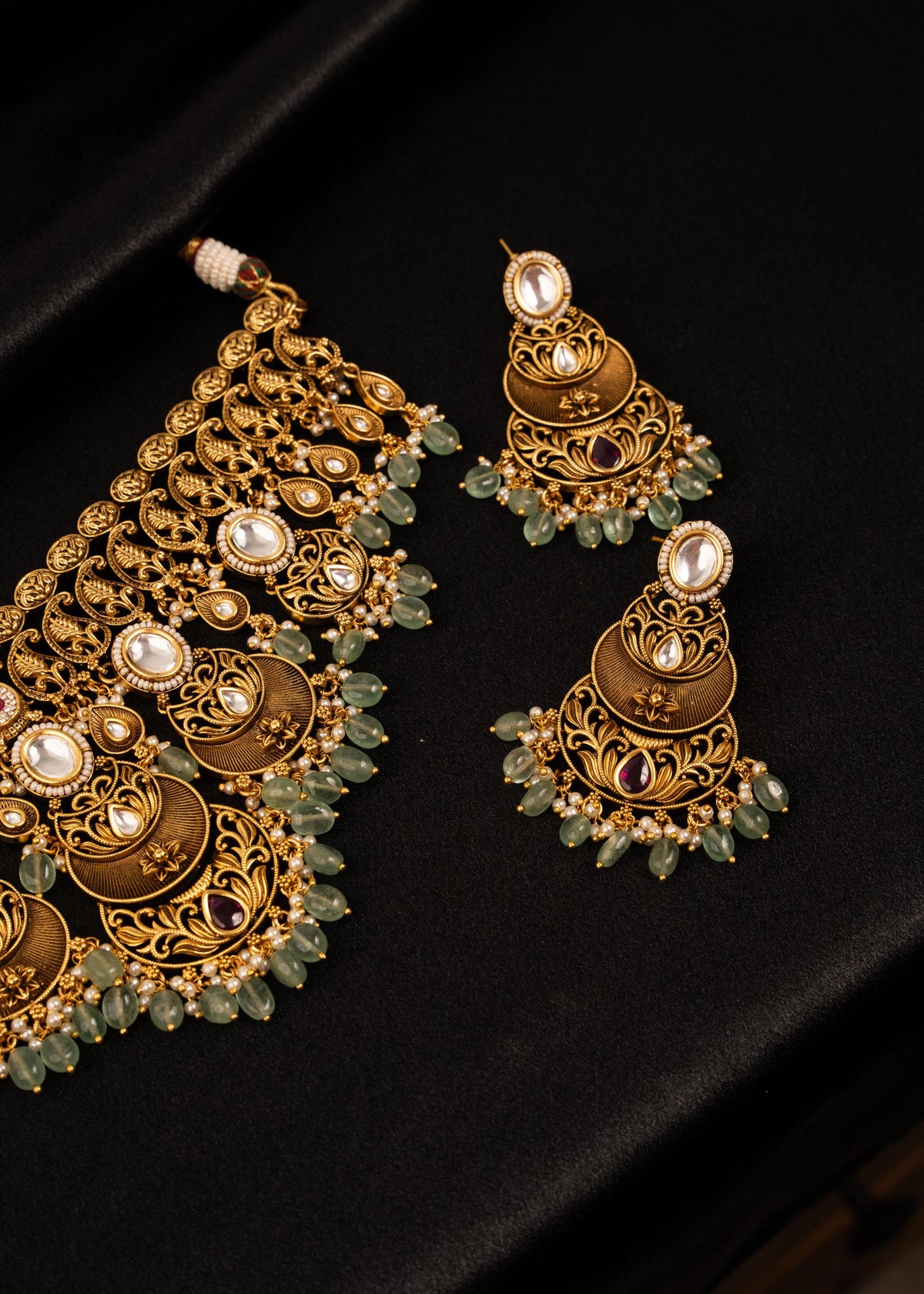High Quality Gold Plated Bridal Necklace Set/ Green Beaded Jewelry/ Indian Wedding Necklace/ Antique Gold Jewelry/ South Indian Jewelry