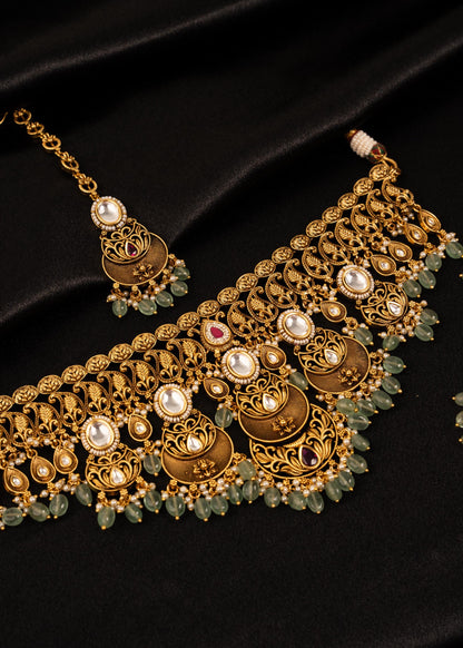 High Quality Gold Plated Bridal Necklace Set/ Green Beaded Jewelry/ Indian Wedding Necklace/ Antique Gold Jewelry/ South Indian Jewelry
