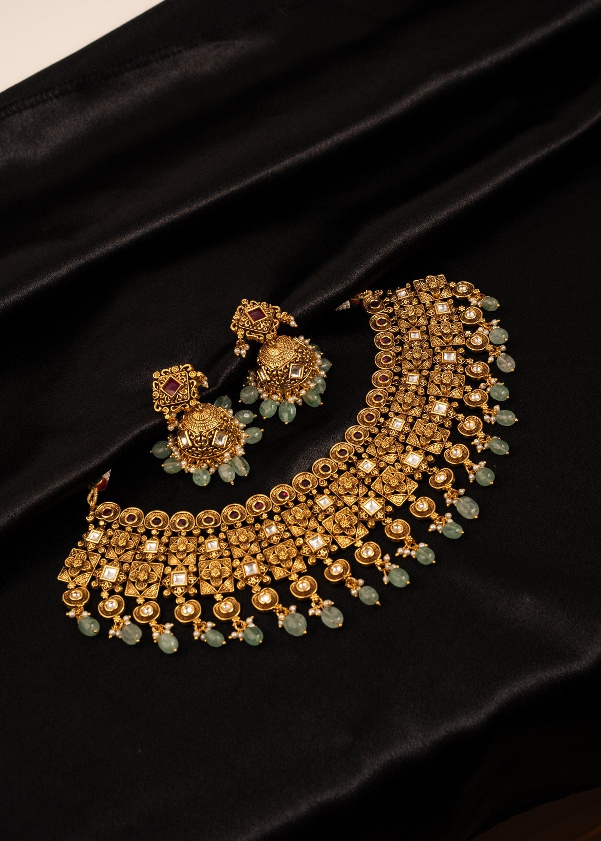 Luxury Gold Plated Green Beaded Necklace Set/ Traditional Statement Jewelry/ Ethnic Jewelry/ Indian Jewelry/ Wedding Jewelry/ Festive Wear
