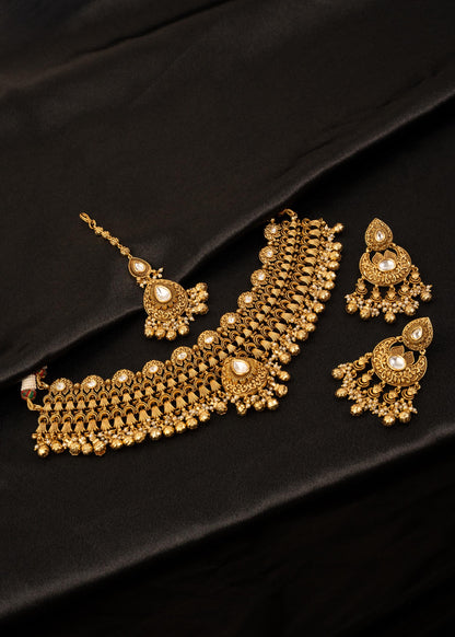Premium Gold Plated Kundan Bridal Choker Necklace Set with Maang Tikka/ Traditional Jewelry/ Indian Wedding Necklace/ Bridal Jewelry