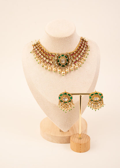 Premium Kundan Pearl Choker Necklace Set/ Kundan Moissanite Necklace/ Indian Jewelry/ Bollywood Jewelry/ Wedding Jewelry/  Green Necklace