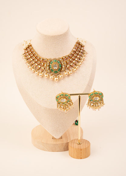 Premium Kundan Pearl Choker Necklace Set/ Kundan Moissanite Necklace/ Indian Jewelry/ Bollywood Jewelry/ Wedding Jewelry/  Green Necklace