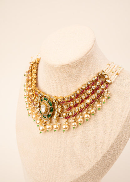 Premium Kundan Pearl Choker Necklace Set/ Kundan Moissanite Necklace/ Indian Jewelry/ Bollywood Jewelry/ Wedding Jewelry/  Green Necklace