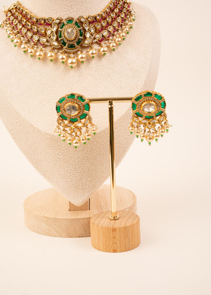 Premium Kundan Pearl Choker Necklace Set/ Kundan Moissanite Necklace/ Indian Jewelry/ Bollywood Jewelry/ Wedding Jewelry/  Green Necklace