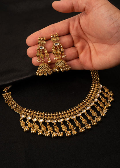 Premium Gold Plated Choker Necklace Set with Jhumkas/ Indian Wedding Jewelry/ Statement Necklace/ Bridesmaid Jewelry/ Kundan Choker Neckalce