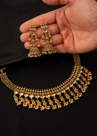 Premium Gold Plated Choker Necklace Set with Jhumkas/ Indian Wedding Jewelry/ Statement Necklace/ Bridesmaid Jewelry/ Kundan Choker Neckalce