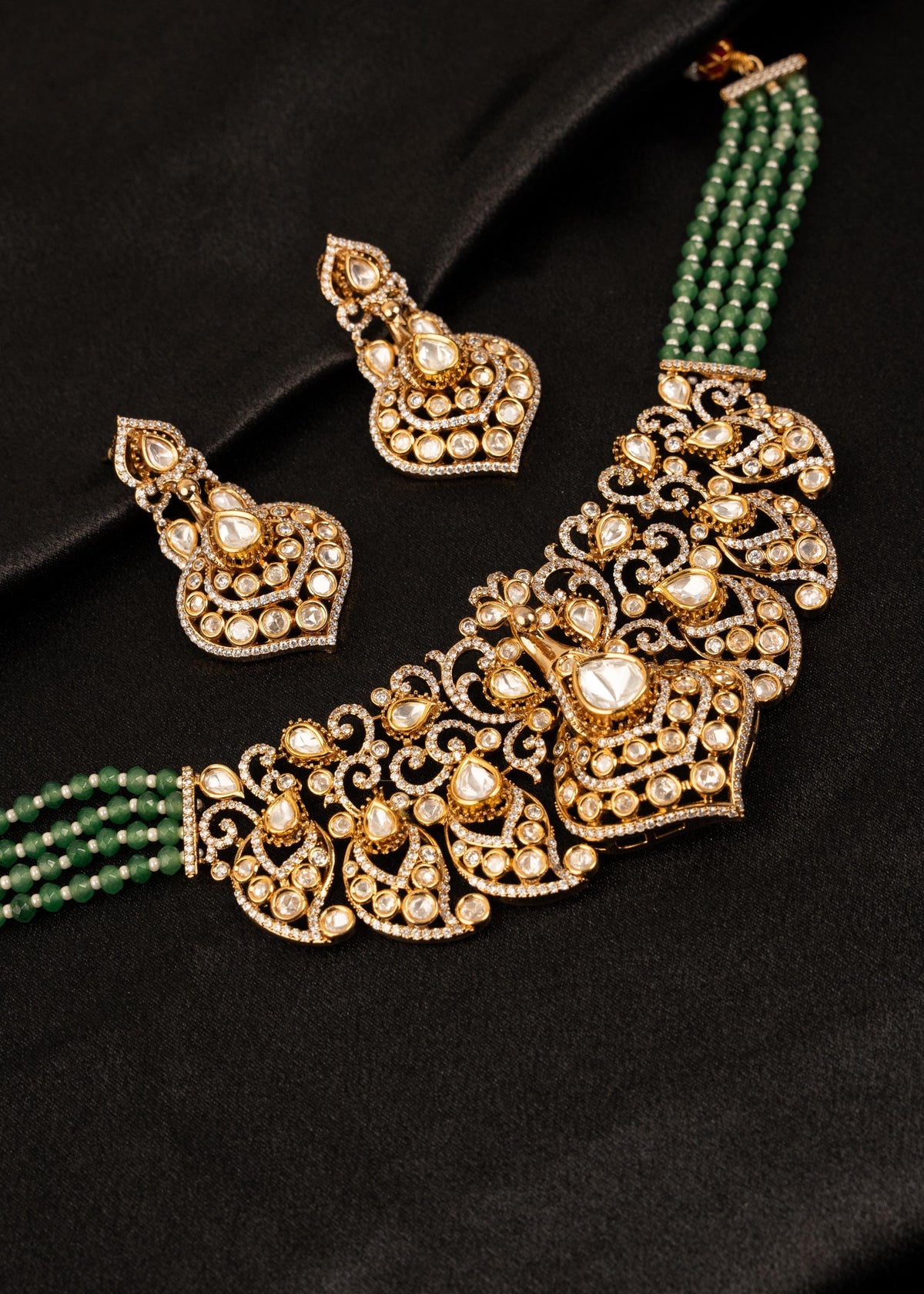 Luxury Kundan Choker Necklace Set/ Gold Tone Bridal Jewelry/ Emerald Green Beaded Necklace/ Indian Wedding Necklace/ Traditional Jewelry