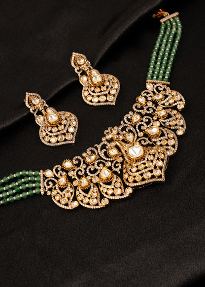 Luxury Kundan Choker Necklace Set/ Gold Tone Bridal Jewelry/ Emerald Green Beaded Necklace/ Indian Wedding Necklace/ Traditional Jewelry