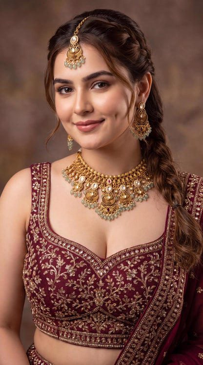 High Quality Gold Plated Bridal Necklace Set/ Green Beaded Jewelry/ Indian Wedding Necklace/ Antique Gold Jewelry/ South Indian Jewelry