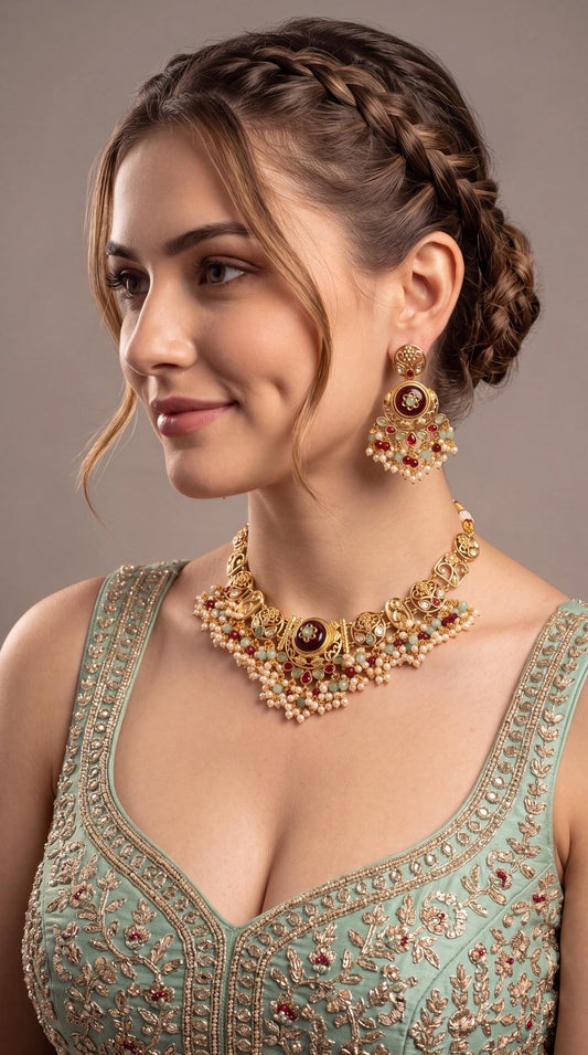 Premium Gold Plated Kundan Choker Necklace/ South Indian Jewelry/ Pakistani Jewelry/ Statement Necklace/ Minimalist Jewelry/ Indian Wedding