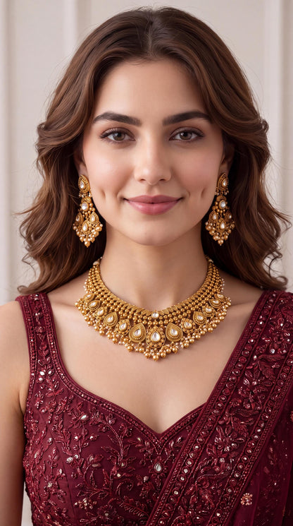 Premium Antique Gold Kundan Choker Necklace Set/ Indian Wedding Jewelry/ Traditional Jewelry/ Statement Jewelry/ Traditional Jewelry/