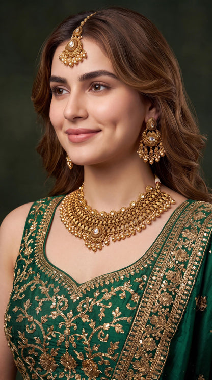 Premium Gold Plated Kundan Bridal Choker Necklace Set with Maang Tikka/ Traditional Jewelry/ Indian Wedding Necklace/ Bridal Jewelry